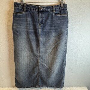 Women's 12 Christopher & Banks Long Denim Skirt Back Slit Cotton Blend